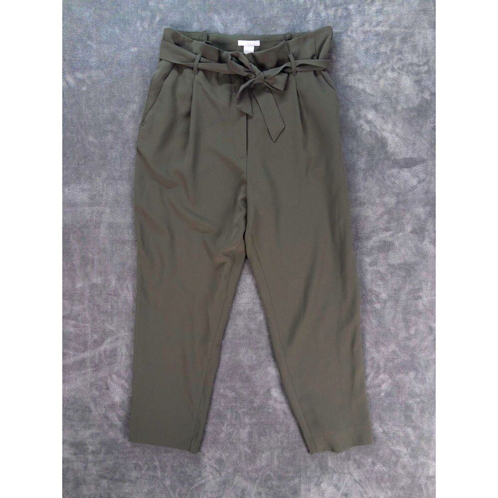 H&M Womens Paperbag Waist Pants Size 10 Olive Green Straight Leg Tie Belt Career